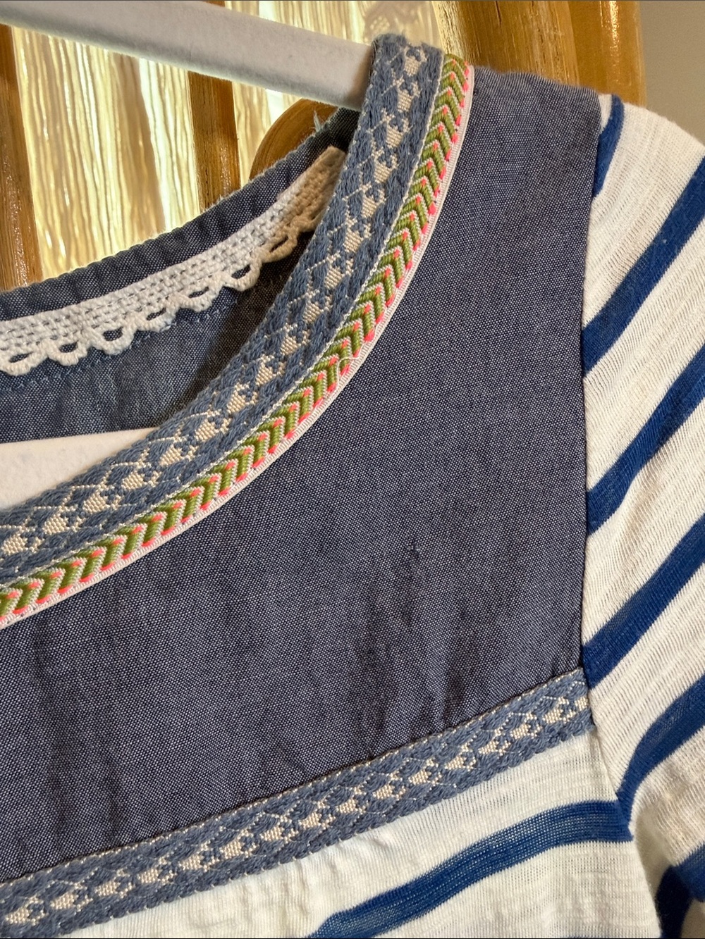 Little Yellow Button Striped Blue & White Lace-Hem Women's Top - Picture 4 of 6
